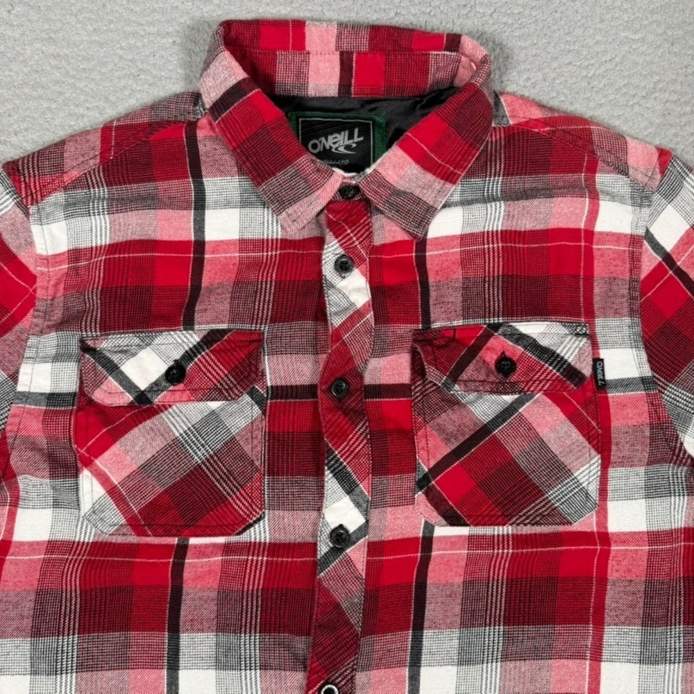 O'neill Shirt Mens Medium Red Plaid Flannel Button Up Casual Preppy Pockets Logo